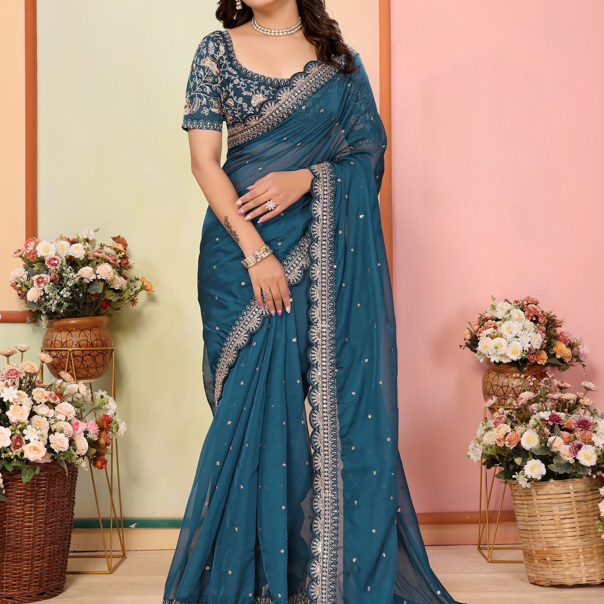 Classic Teal Blue Thread Work Organza Traditional Saree With Blouse