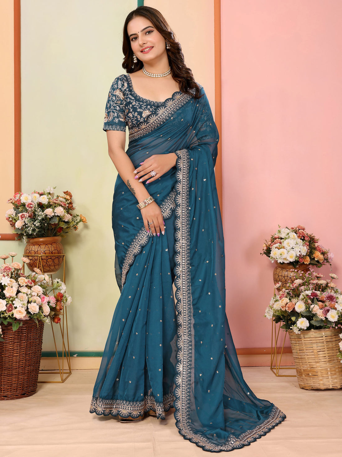 Classic Teal Blue Thread Work Organza Traditional Saree With Blouse
