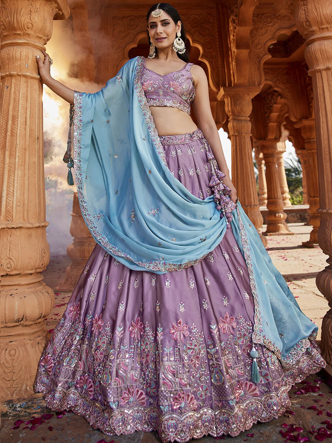 Incredible Lavender Sequins Embroidered Georgette Wedding Lehenga Choli