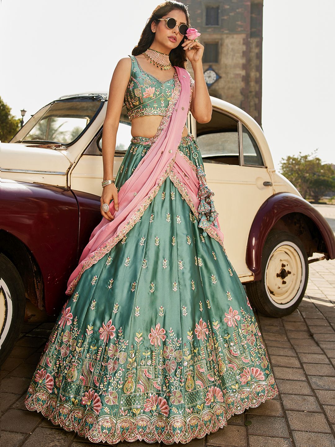 Chic Sea Green Sequins Work Georgette Reception Wear Lehenga Choli With Dupatta