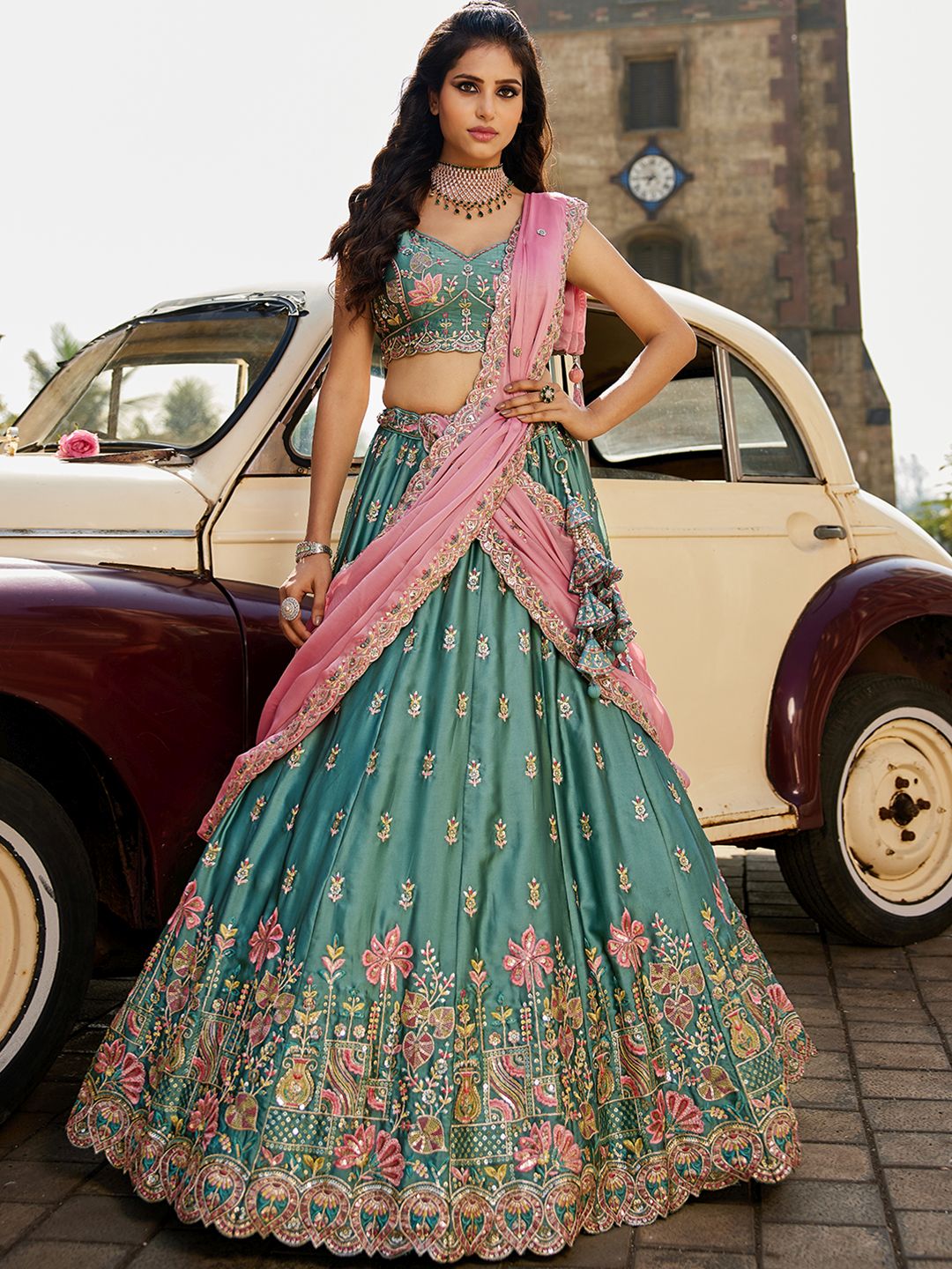 Chic Sea Green Sequins Work Georgette Reception Wear Lehenga Choli With Dupatta