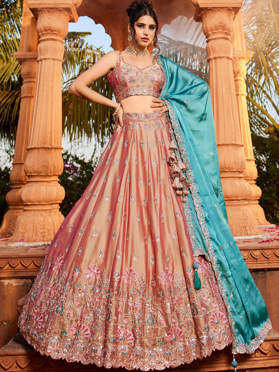 Lovely Peach Thread Work Georgette Evening Wear Lehenga Choli With Dupatta