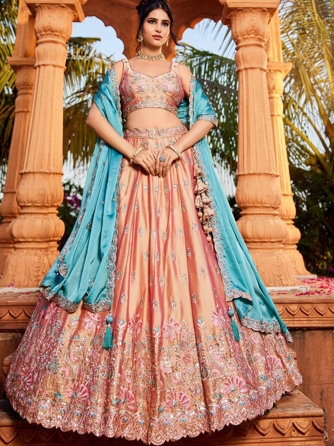 Lovely Peach Thread Work Georgette Evening Wear Lehenga Choli With Dupatta