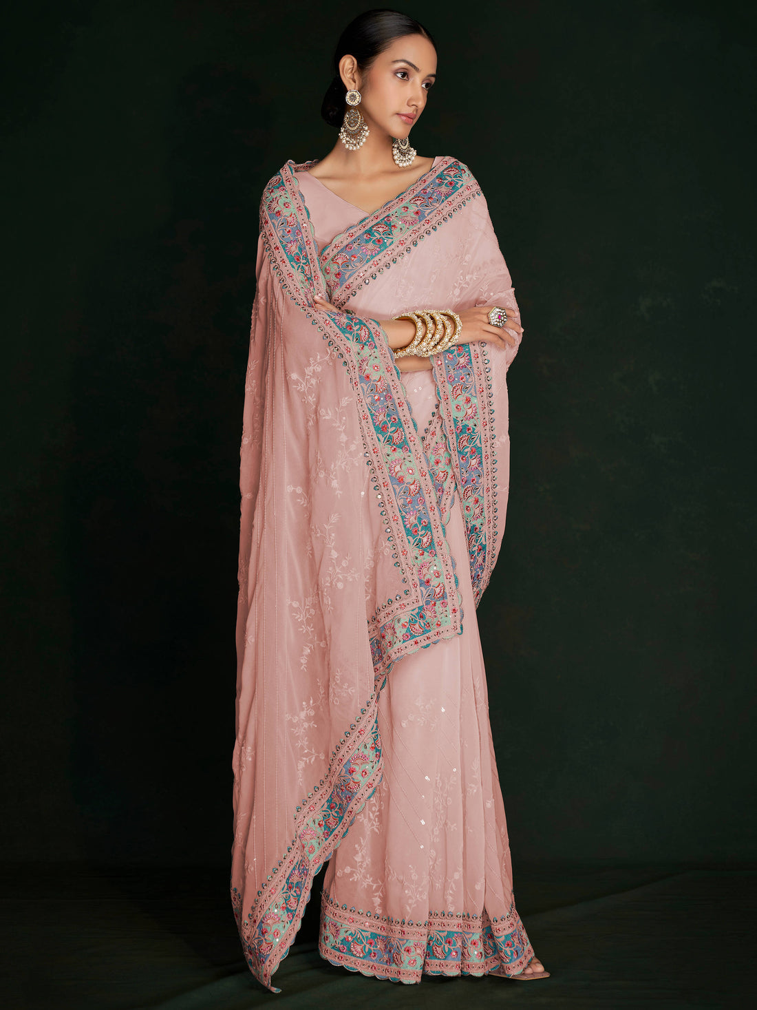 Fabulous Peach Lucknowi Georgette Event Wear Saree With Blouse