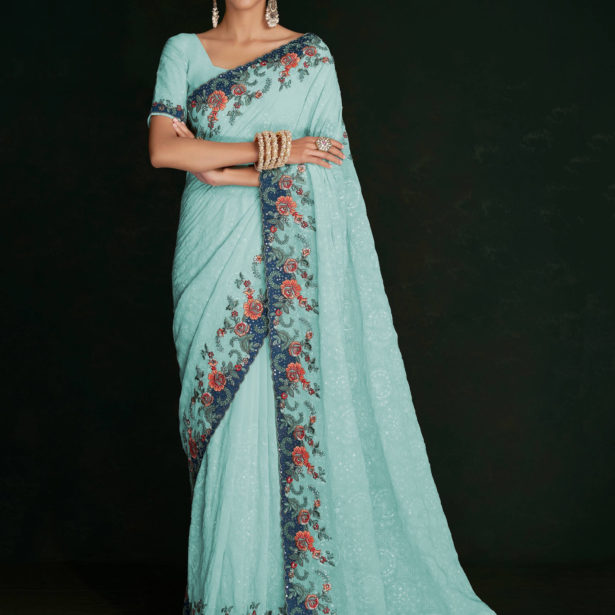 Stunning Turquoise Lucknowi Work Georgette Saree With Blouse