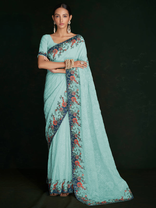 Stunning Turquoise Lucknowi Work Georgette Saree With Blouse