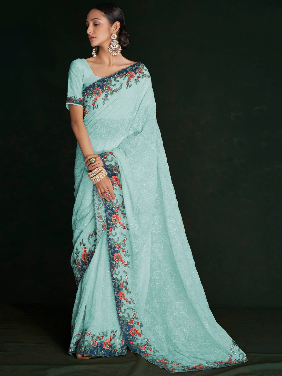 Stunning Turquoise Lucknowi Work Georgette Saree With Blouse