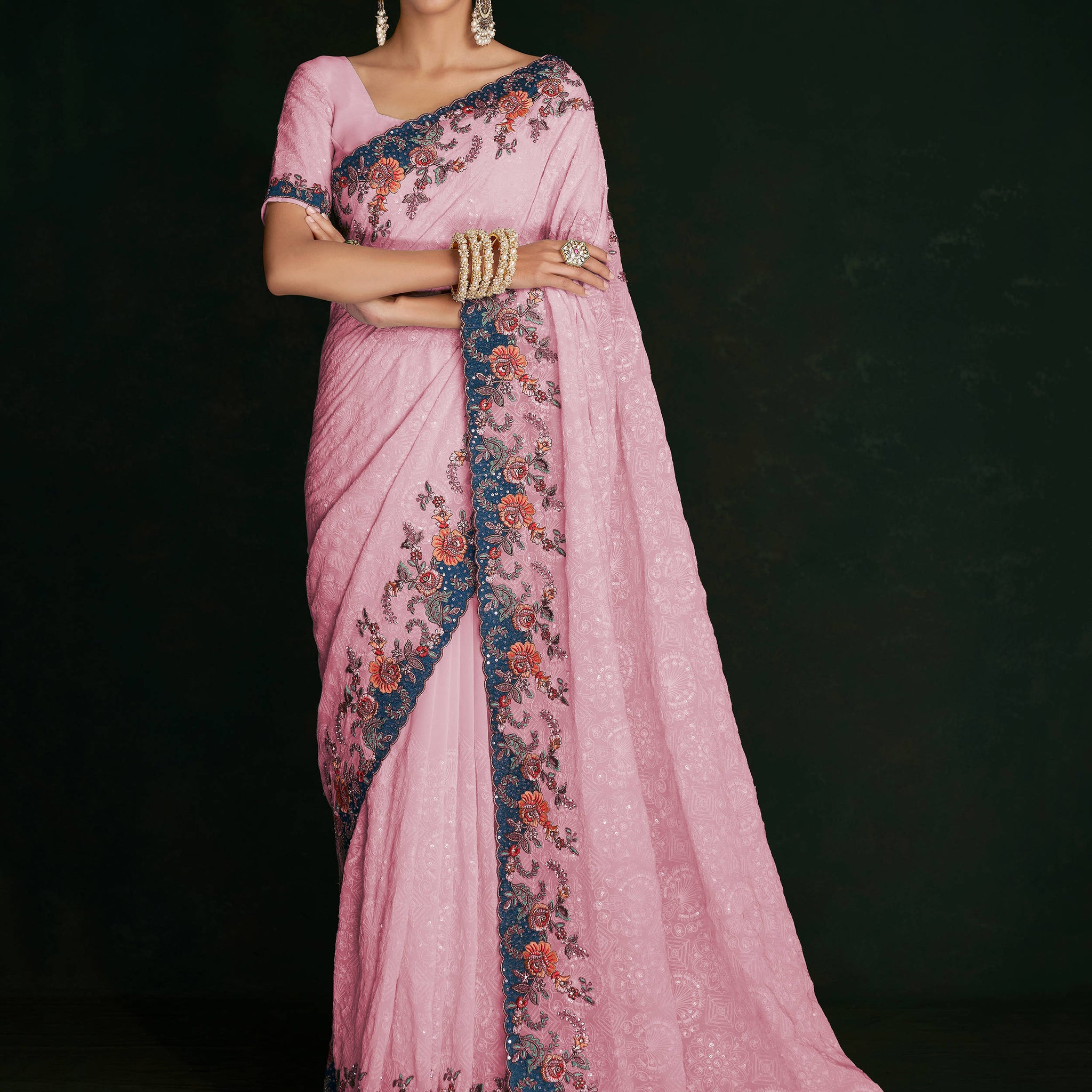 Astonishing Pink Lucknowi Work Georgette Event Wear Saree With Blouse