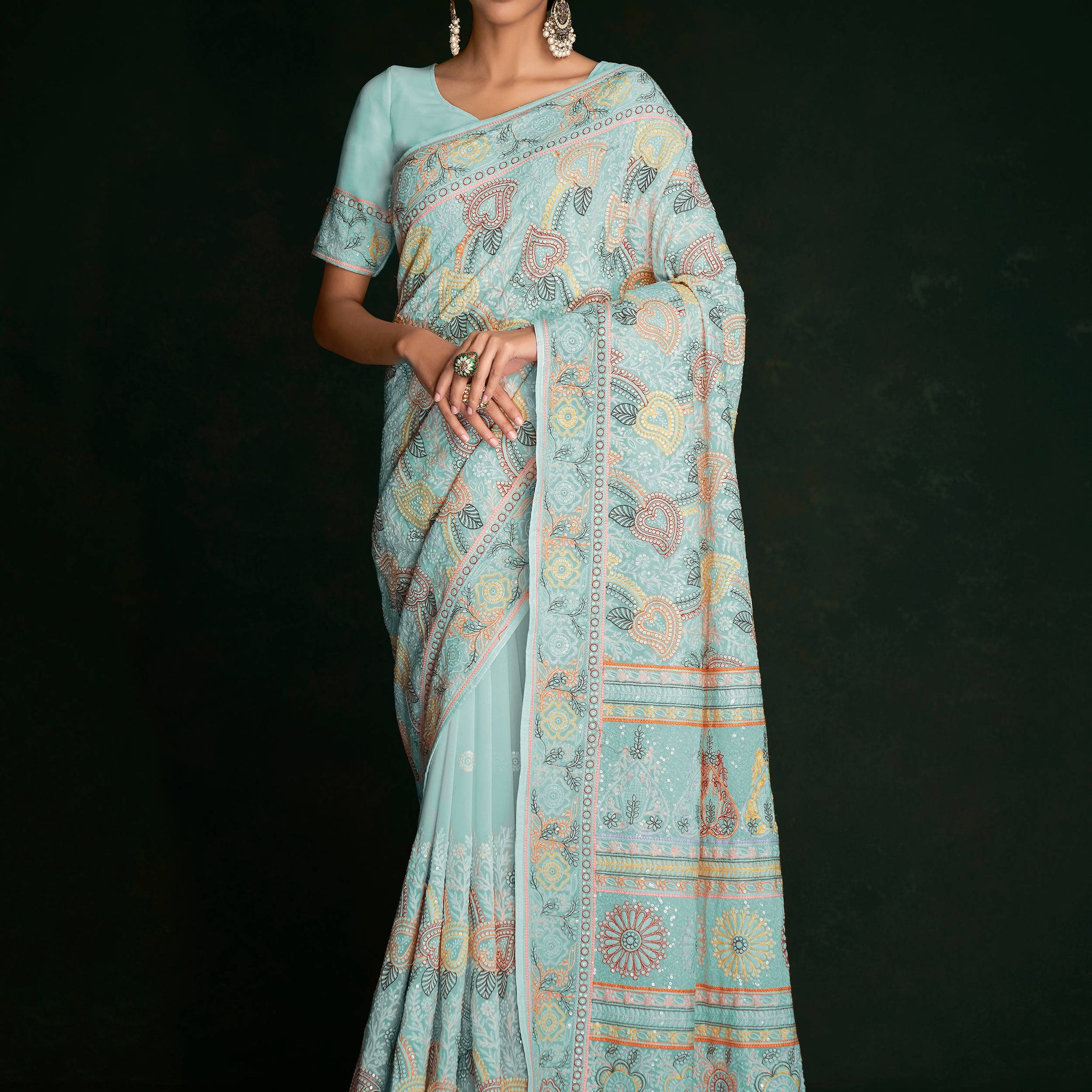Awesome Turquoise Lucknowi Georgette Festival Wear Saree With Blouse
