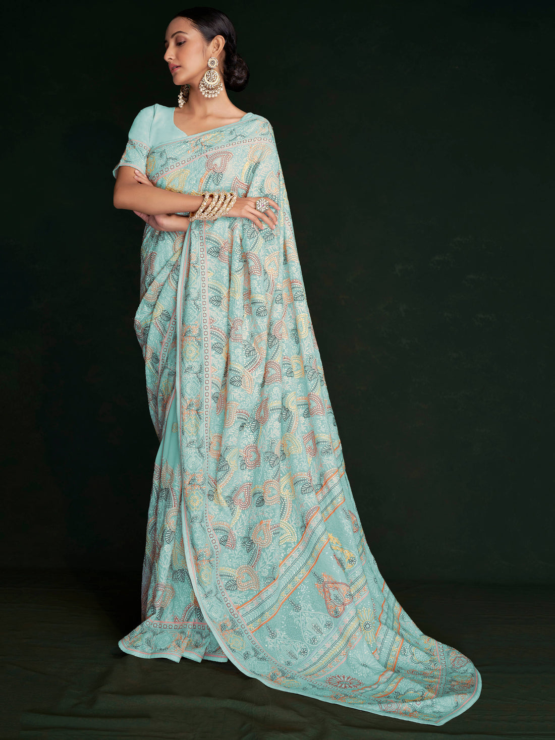 Awesome Turquoise Lucknowi Georgette Festival Wear Saree With Blouse