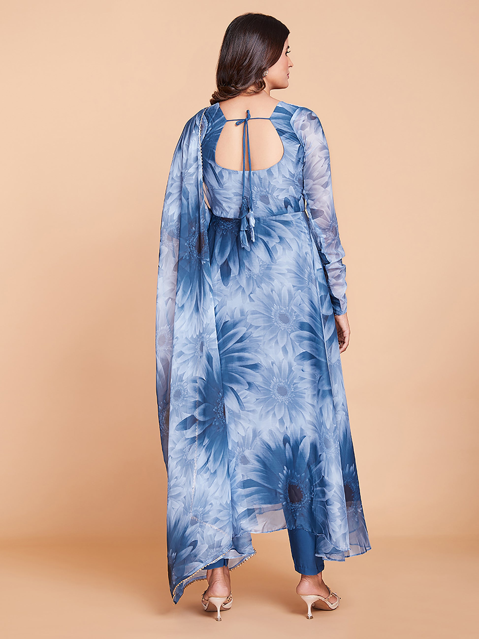 Stunning Blue And White Printed Anarakali Salwar Suit