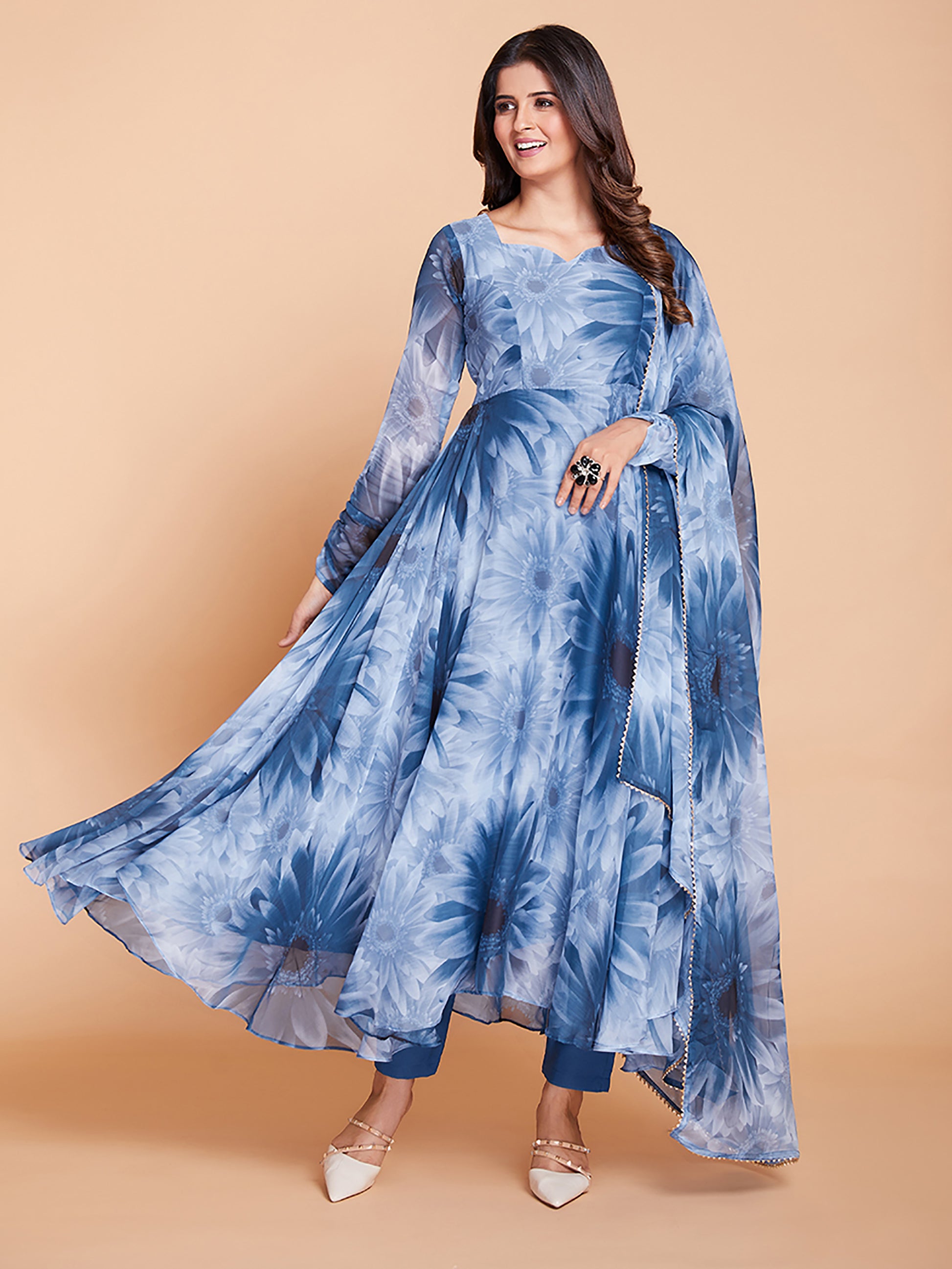Stunning Blue And White Printed Anarakali Salwar Suit