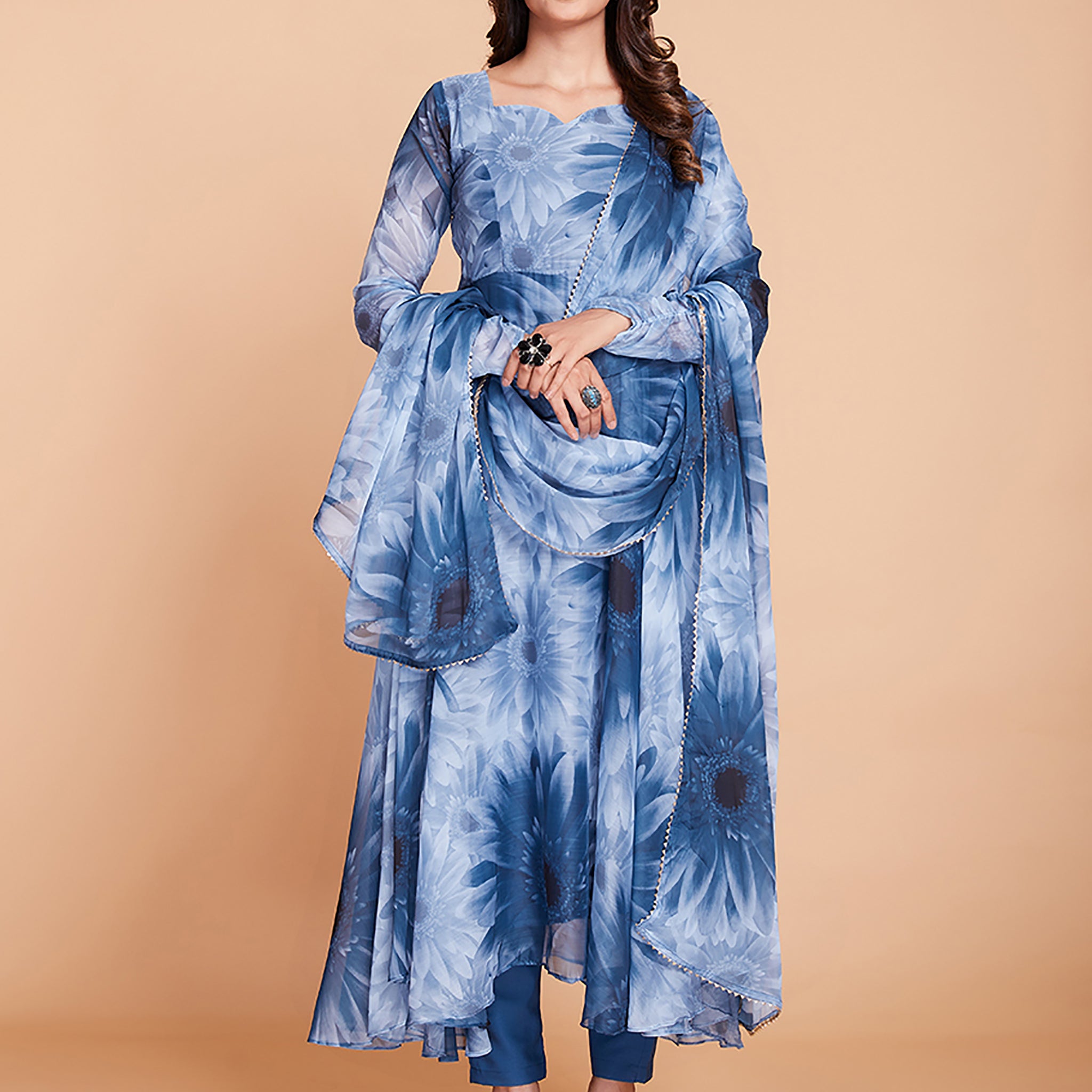 Stunning Blue And White Printed Anarakali Salwar Suit
