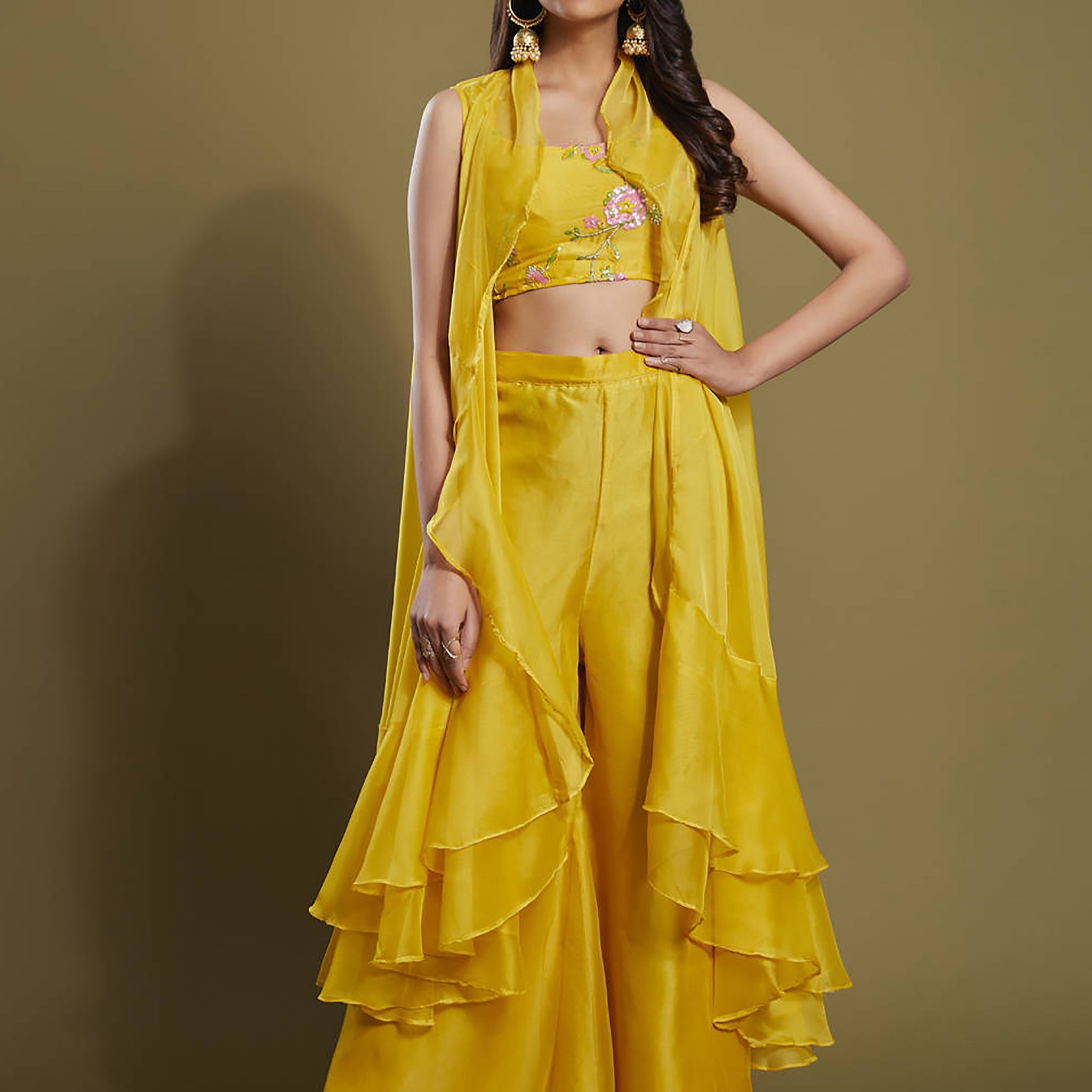 Beautiful Yellow Sequins Organza Palazzo Jacket with Blouse