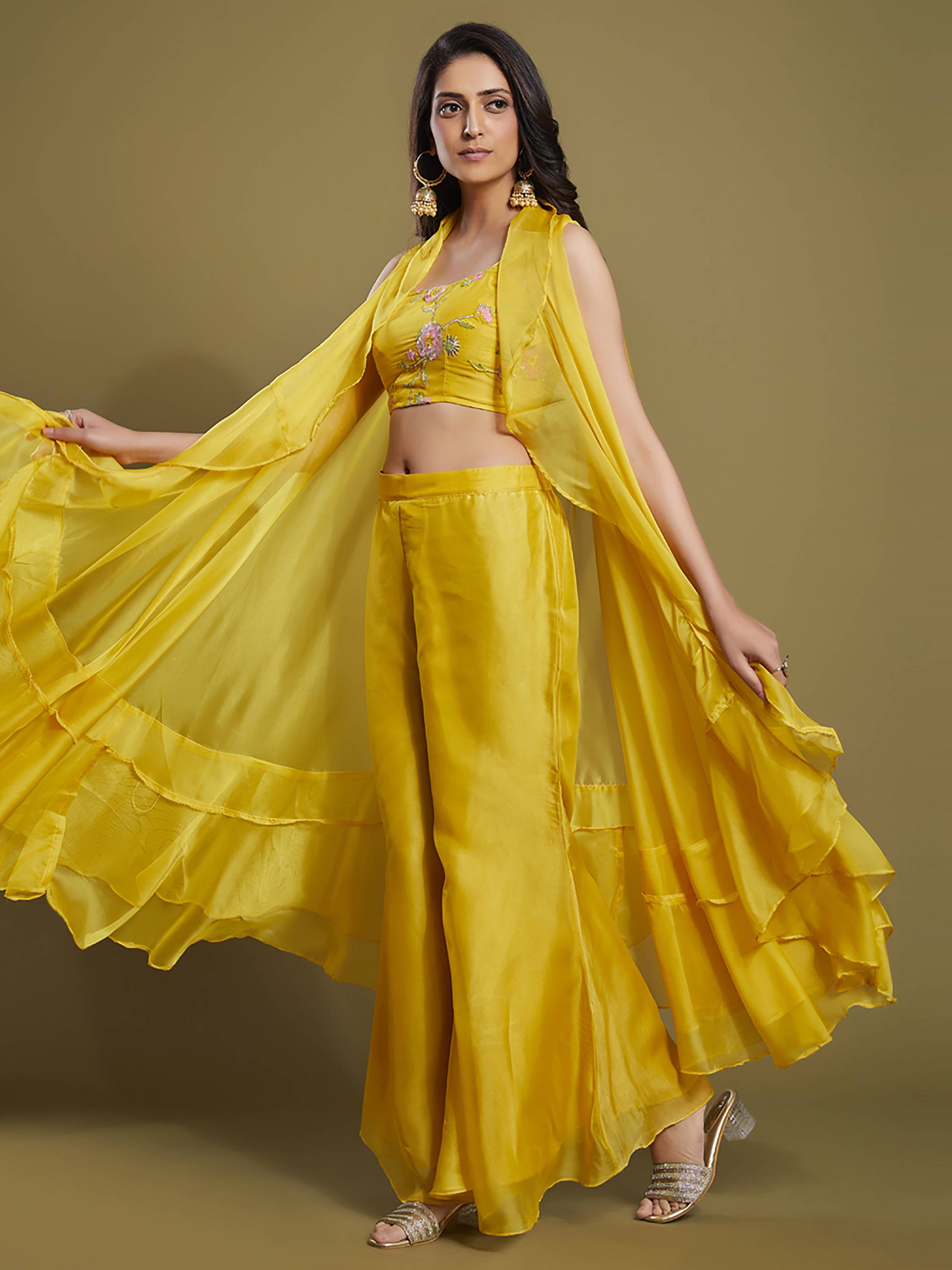 Beautiful Yellow Sequins Organza Palazzo Jacket with Blouse