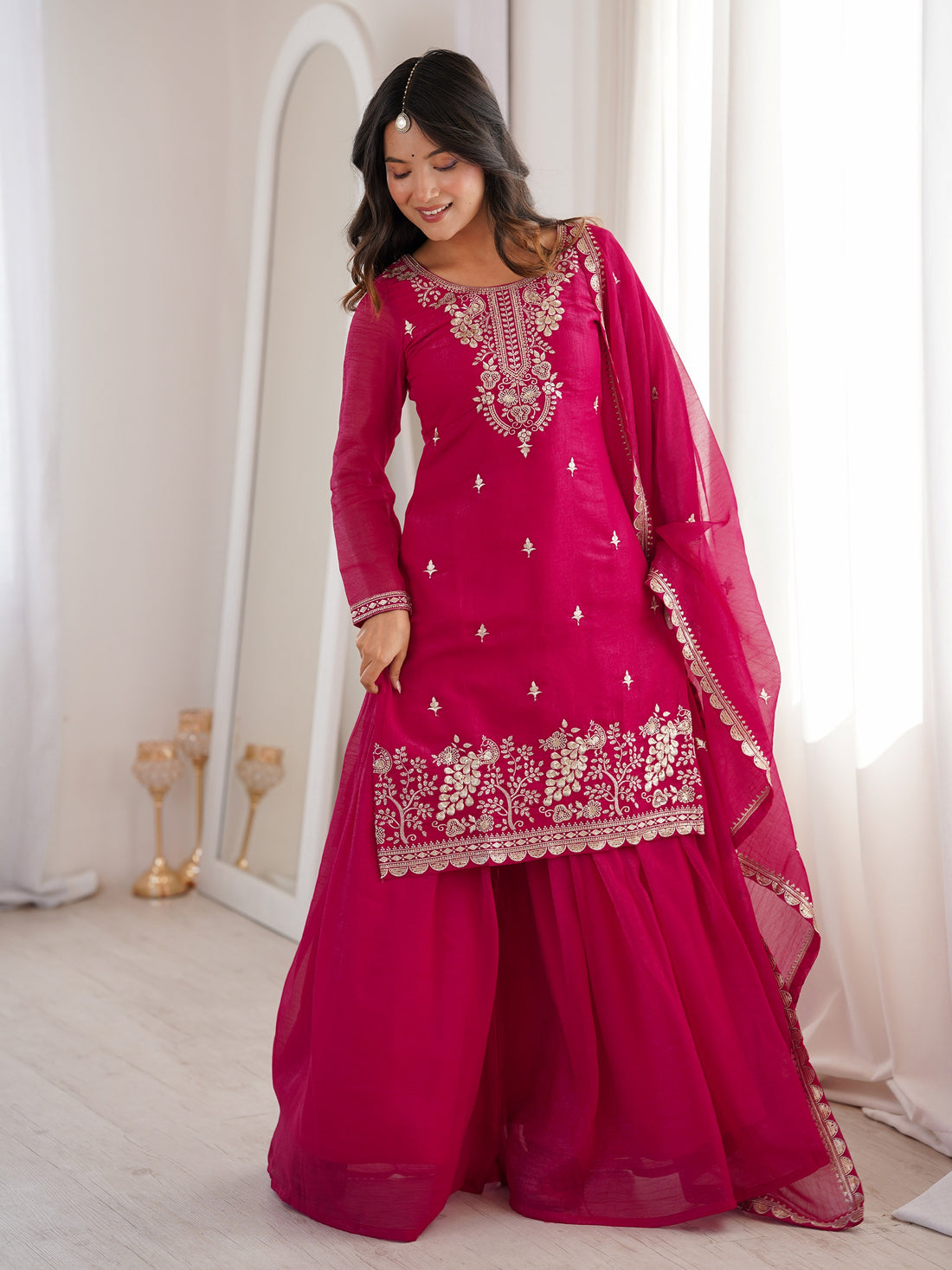 Gorgeous Rani Pink Embroidered Silk Wedding Wear Sharara Suit