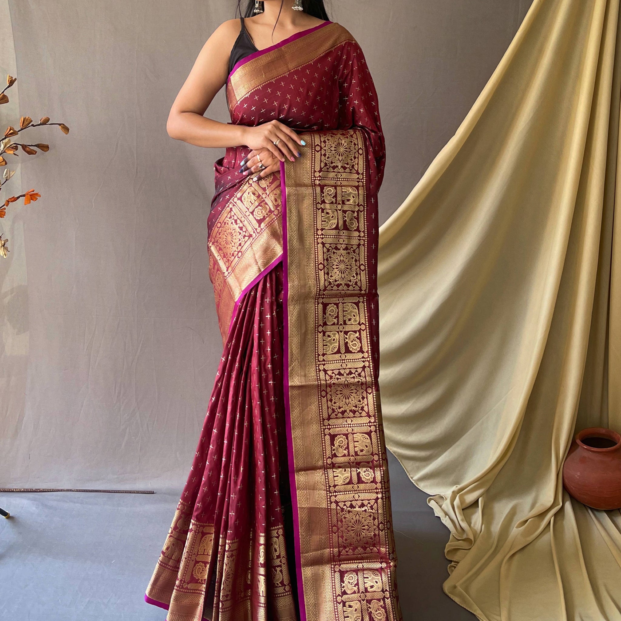 Astonishing Maroon Zari Woven Silk Festival Wear Saree With Blouse