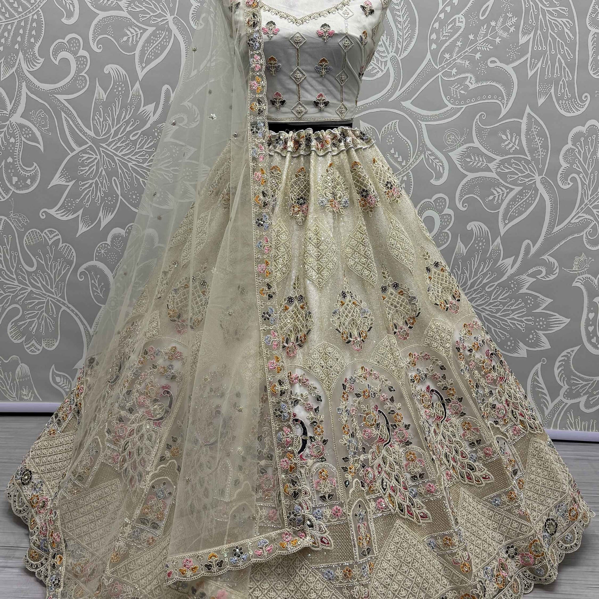 Excellent Off-White Lace Work Net Bridesmaid Lehenga Choli