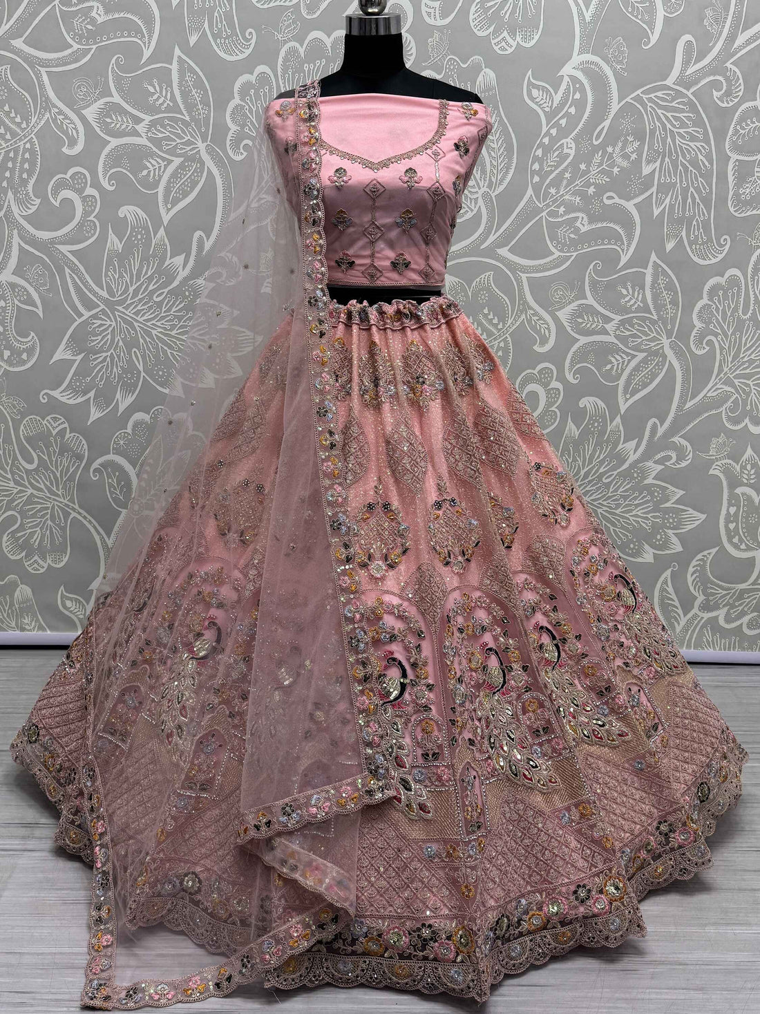 Shocking Peach Sequins Work Net Bridesmaid Lehenga Choli