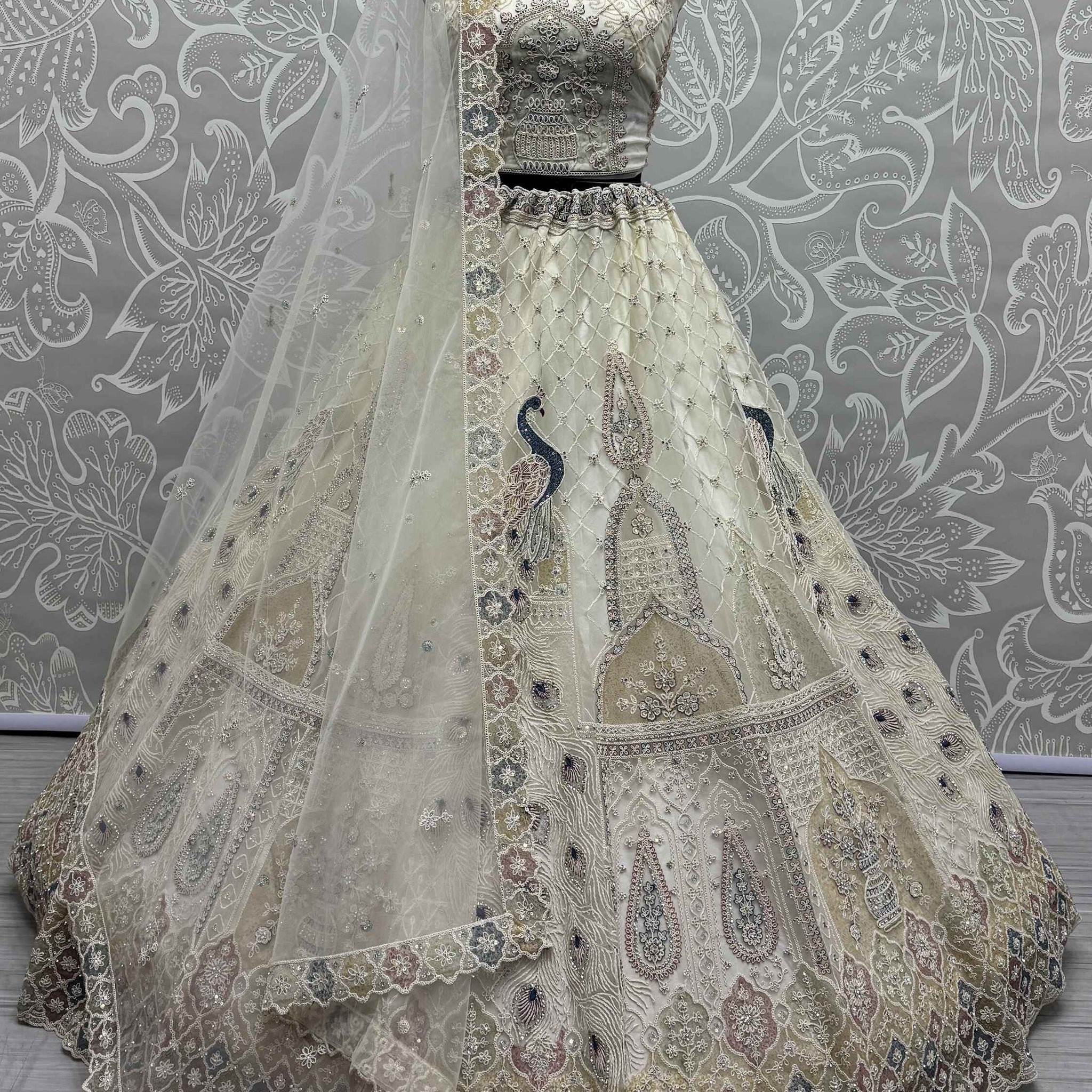 Lovely Off-White Sequins Net Wedding Lehenga Choli With Dupatta