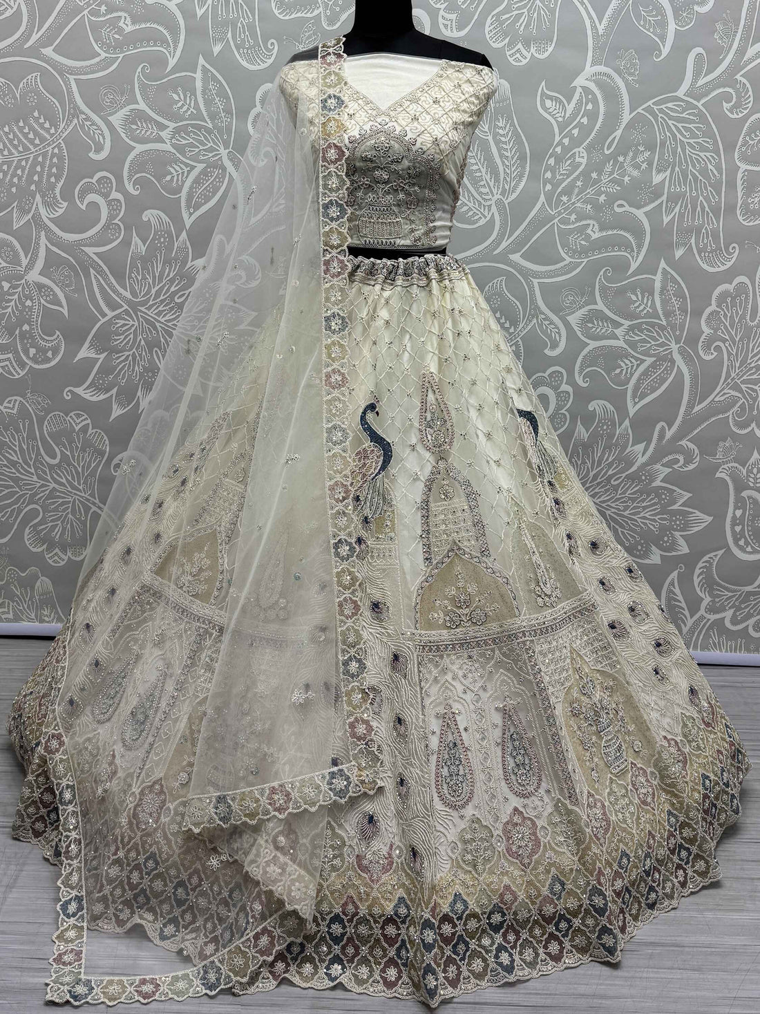 Lovely Off-White Sequins Net Wedding Lehenga Choli With Dupatta