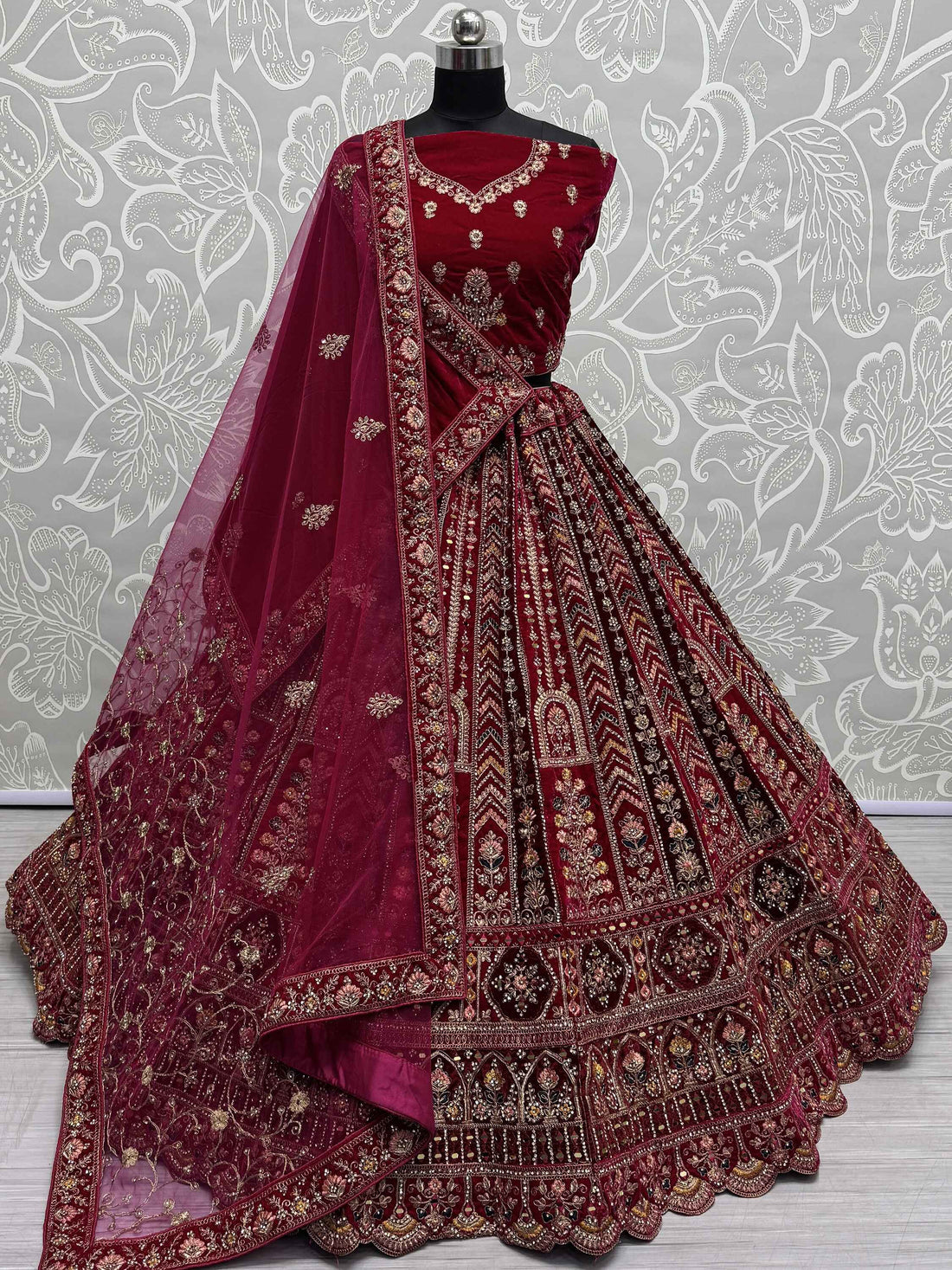 Lovely Red Jarkan Work Velvet Bridal Lehenga Choli With Double Dupatta
