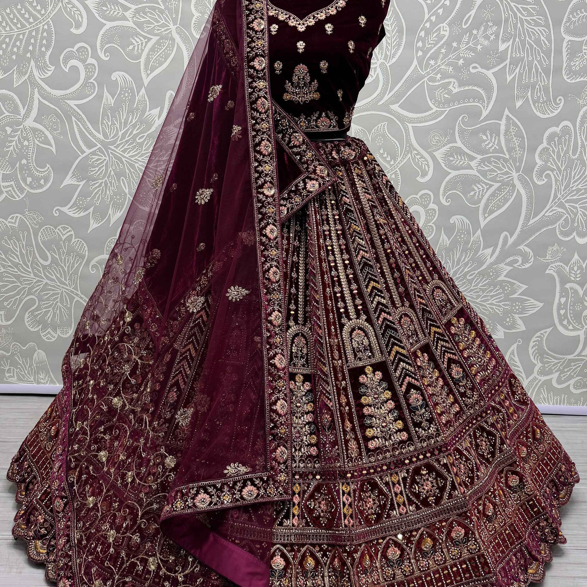 Delightful Maroon Velvet Bridal Lehenga Choli With Double Dupatta