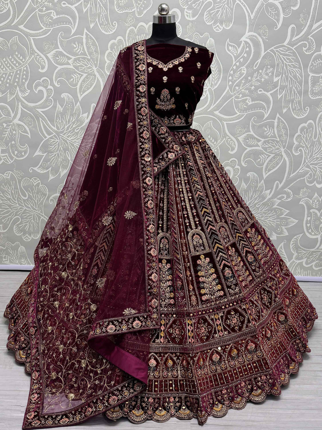Delightful Maroon Velvet Bridal Lehenga Choli With Double Dupatta