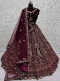 Delightful Maroon Velvet Bridal Lehenga Choli With Double Dupatta