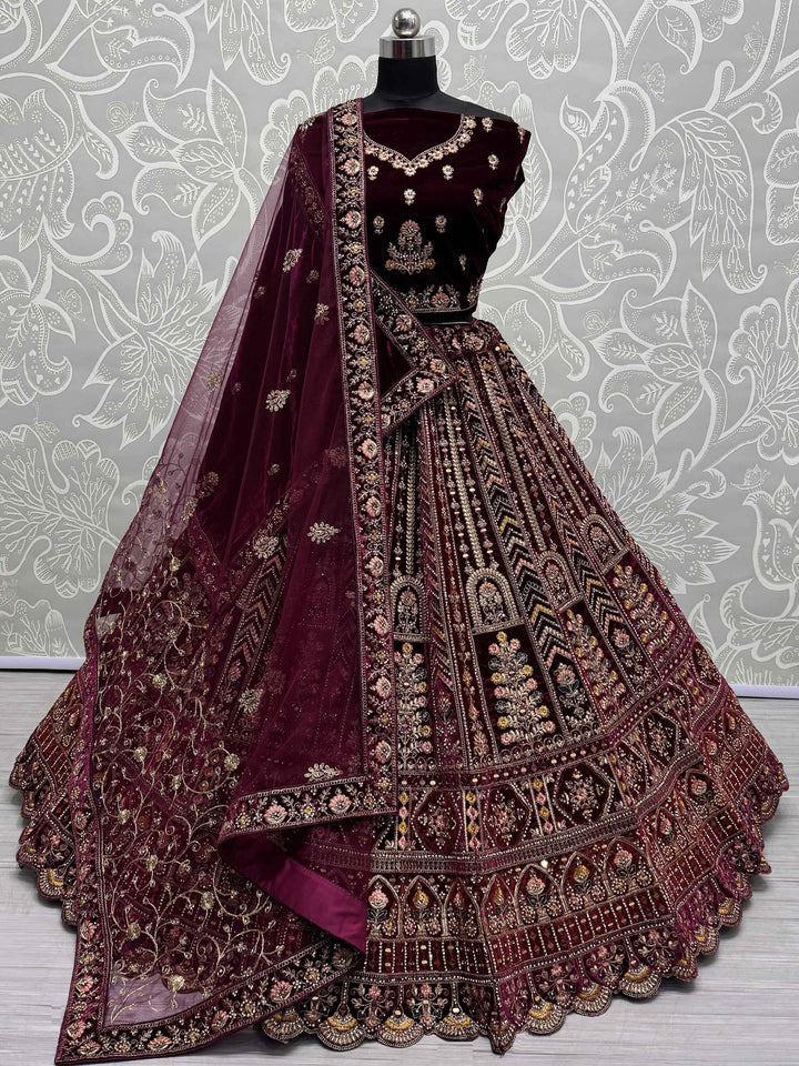 Delightful Maroon Velvet Bridal Lehenga Choli With Double Dupatta