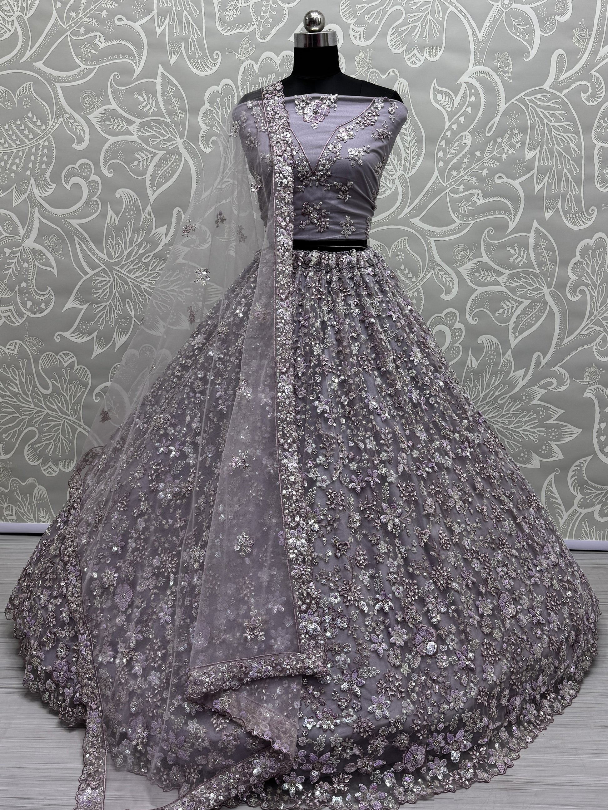 Adorable Lavender Sequins Work Net Bridesmaid Lehenga Choli With Dupatta