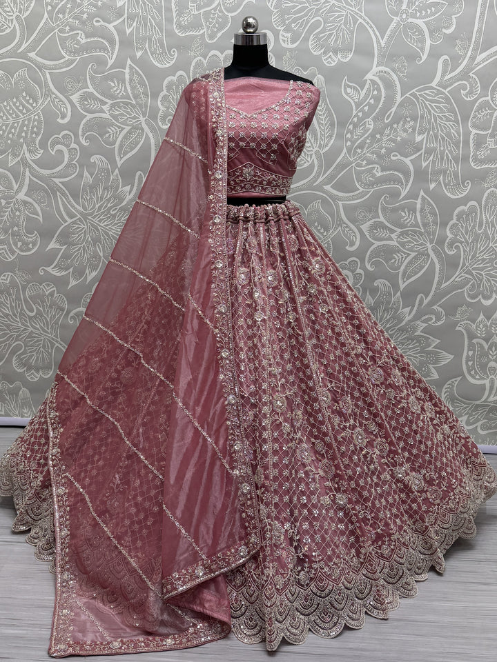 Adorable Pink Hand Work Net Bridal Wear Lehenga Choli With Dupatta