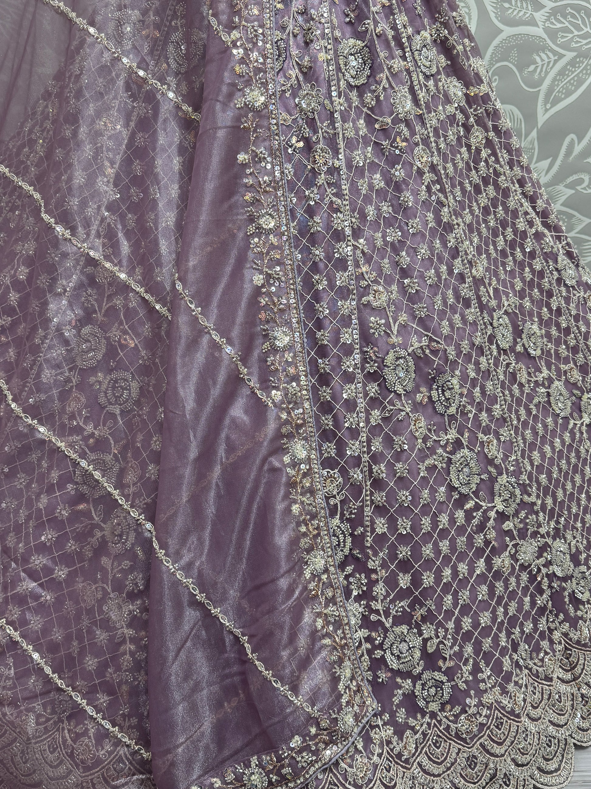 Precious Lilac Hand Work Net Reception Wear Lehenga Choli With Dupatta