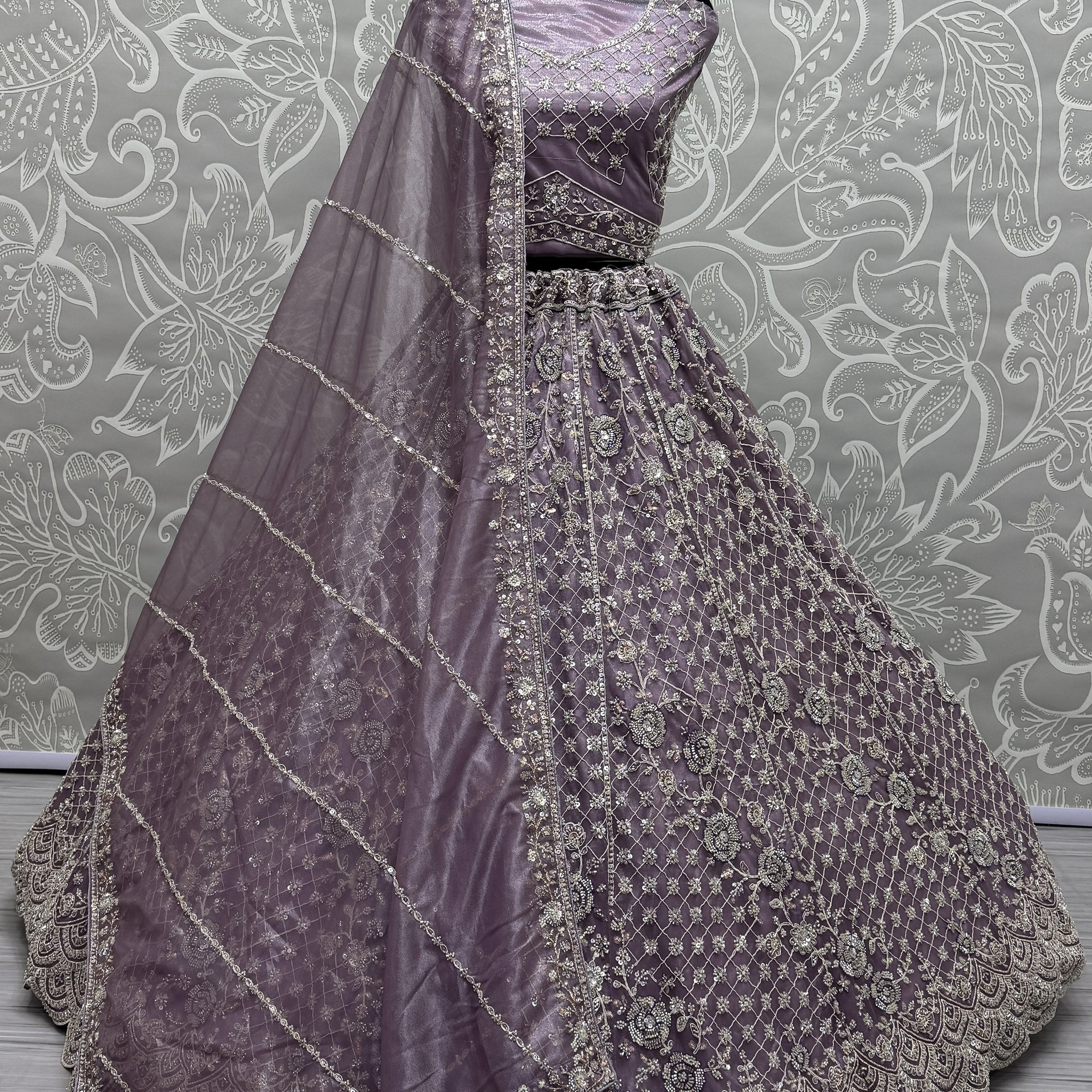 Precious Lilac Hand Work Net Reception Wear Lehenga Choli With Dupatta