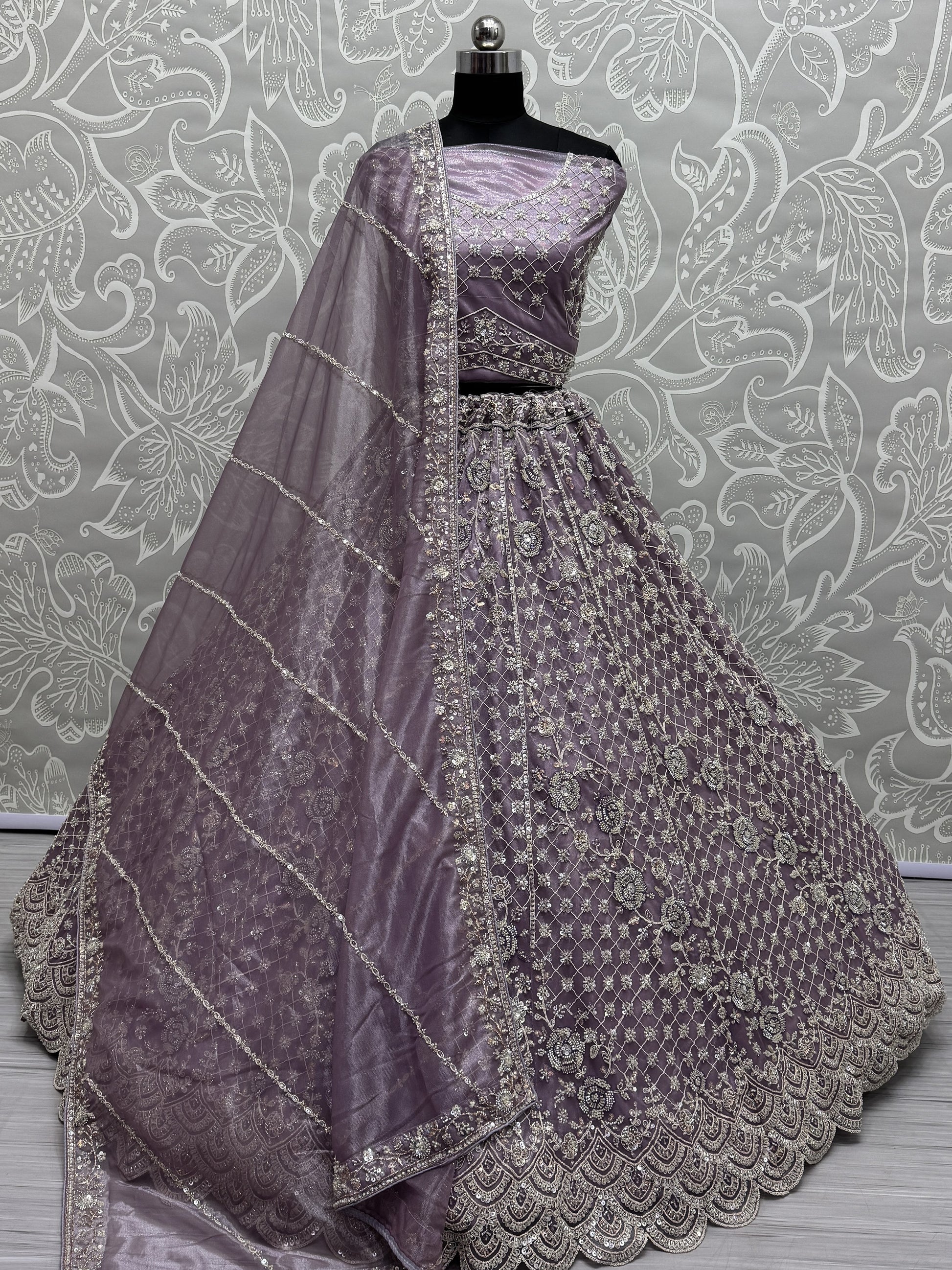 Precious Lilac Hand Work Net Reception Wear Lehenga Choli With Dupatta