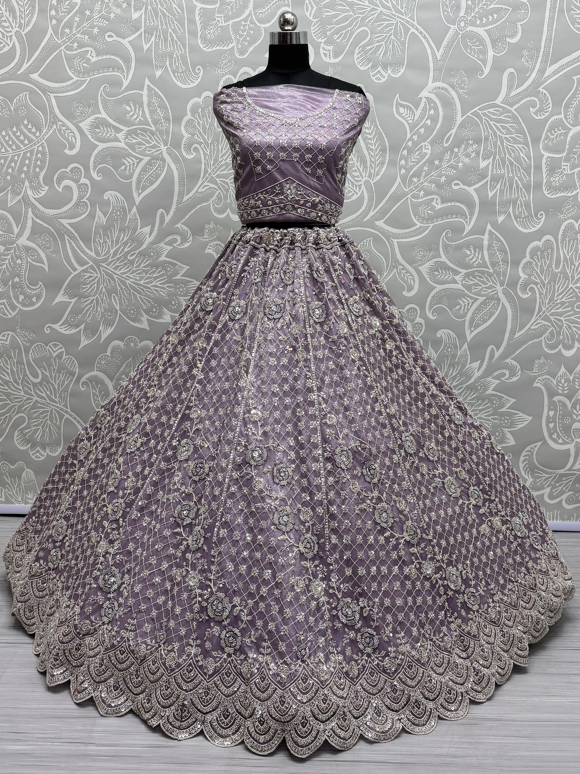 Precious Lilac Hand Work Net Reception Wear Lehenga Choli With Dupatta