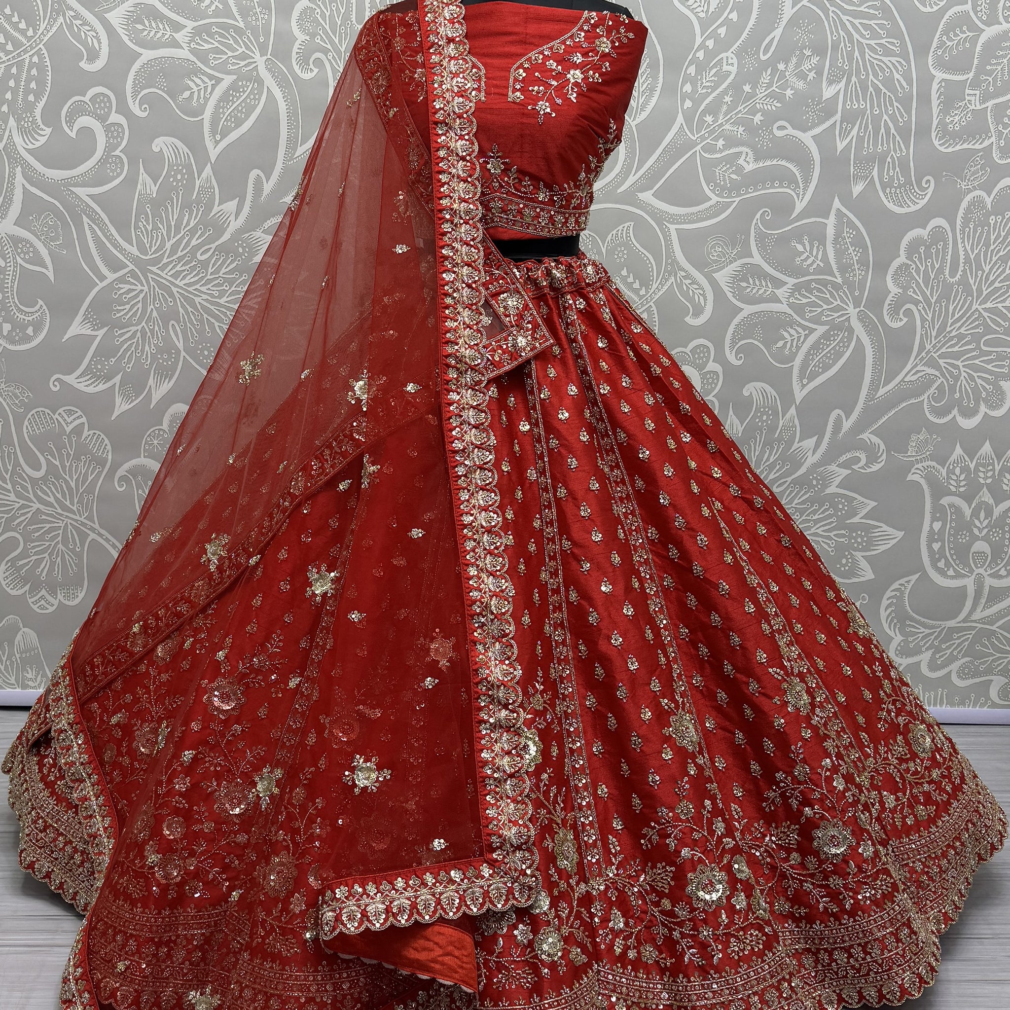 Lovely Red Hand Work Net Bridal Wear Lehenga Choli With Double Dupatta