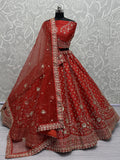 Lovely Red Hand Work Net Bridal Wear Lehenga Choli With Double Dupatta