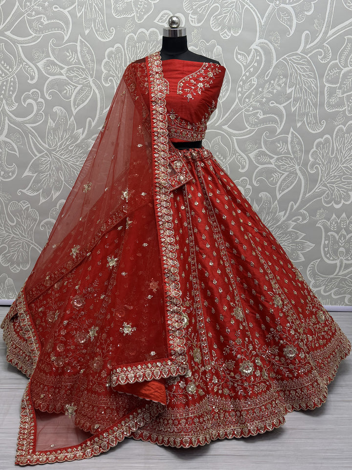 Lovely Red Hand Work Net Bridal Wear Lehenga Choli With Double Dupatta