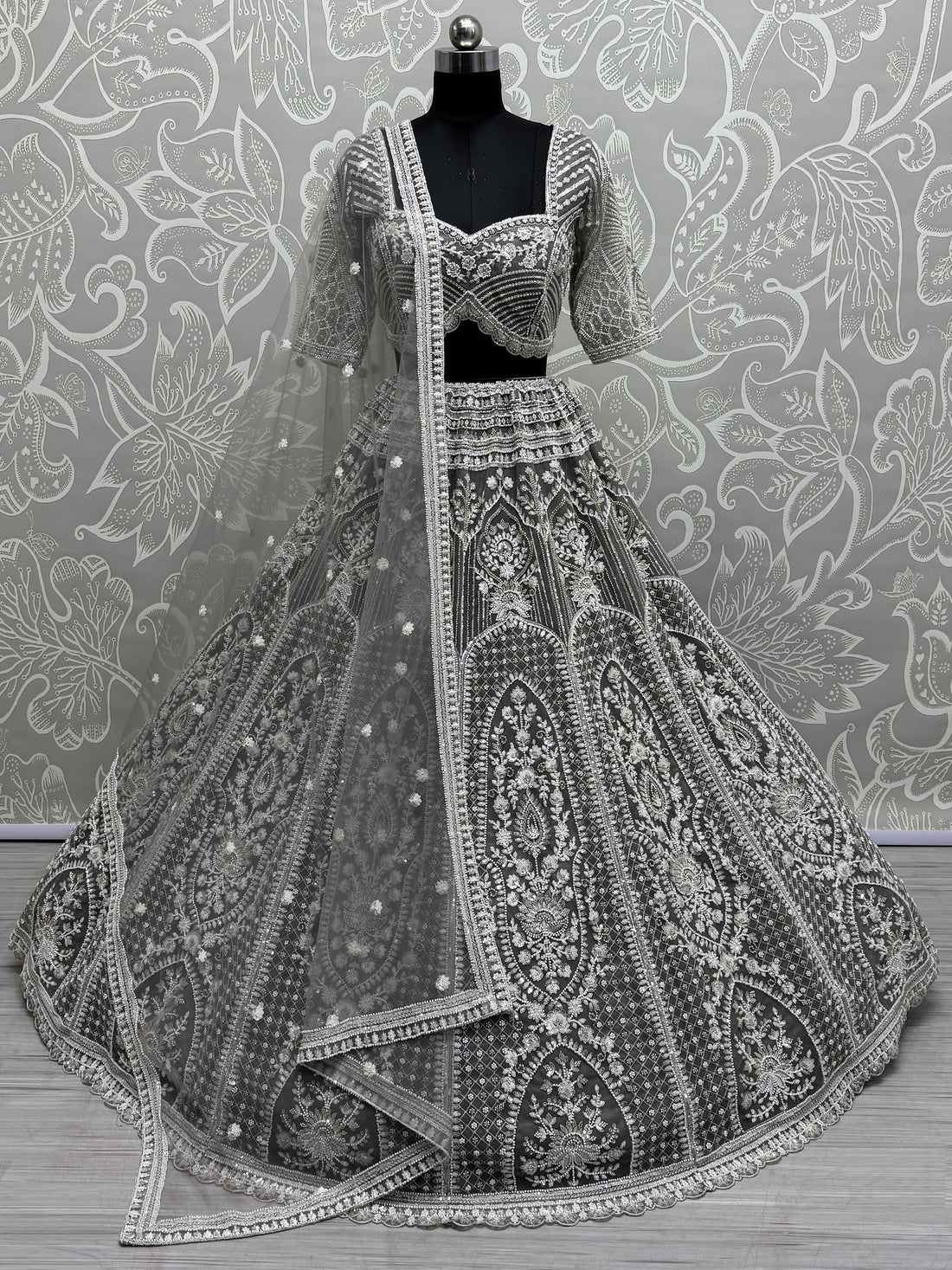 Marvelous Grey Pearl Work Net Bridesmaid Lehenga Choli With Dupatta