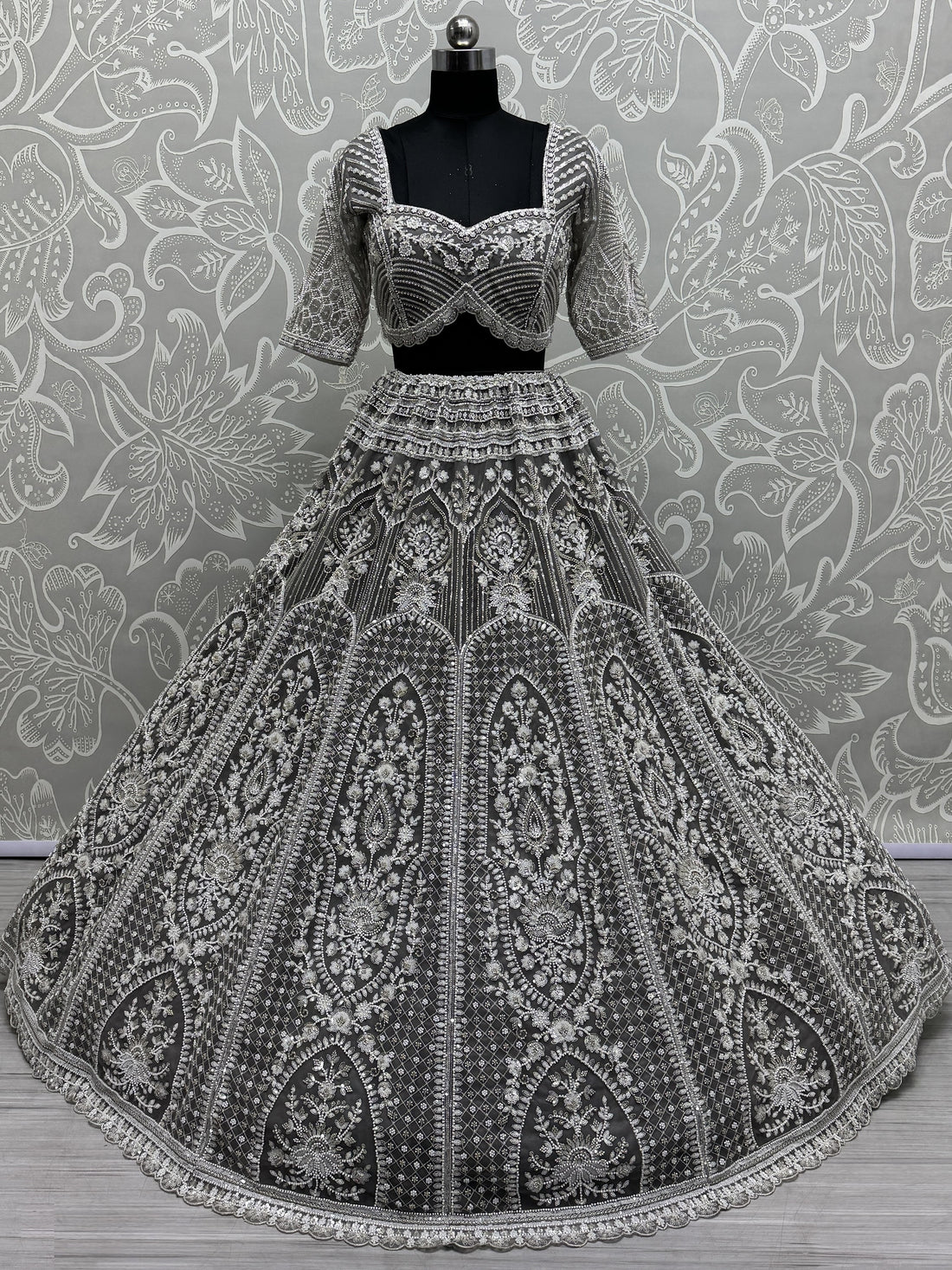 Marvelous Grey Pearl Work Net Bridesmaid Lehenga Choli With Dupatta