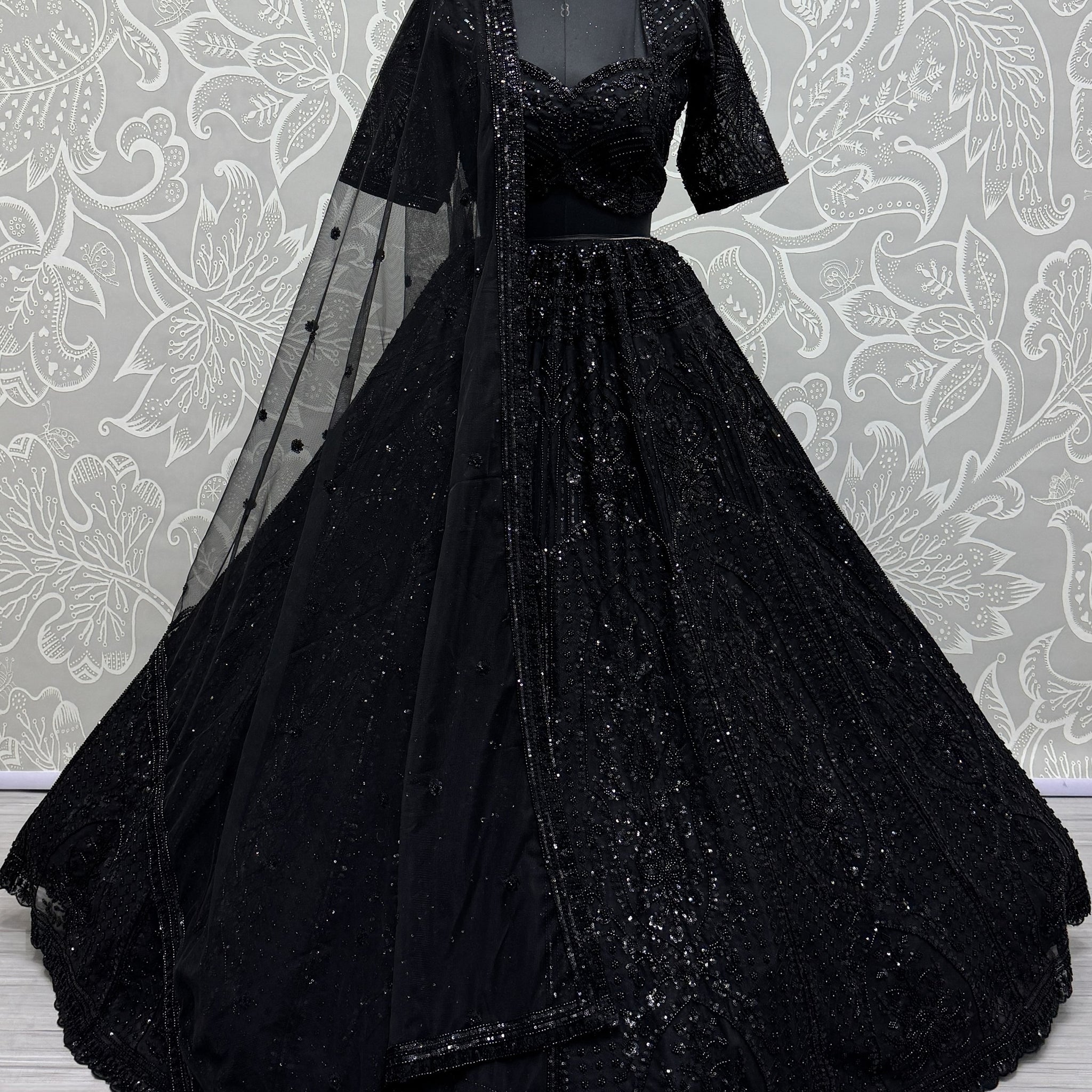 Alluring Black Pearl Work Net Reception Wear Lehenga Choli With Dupatta