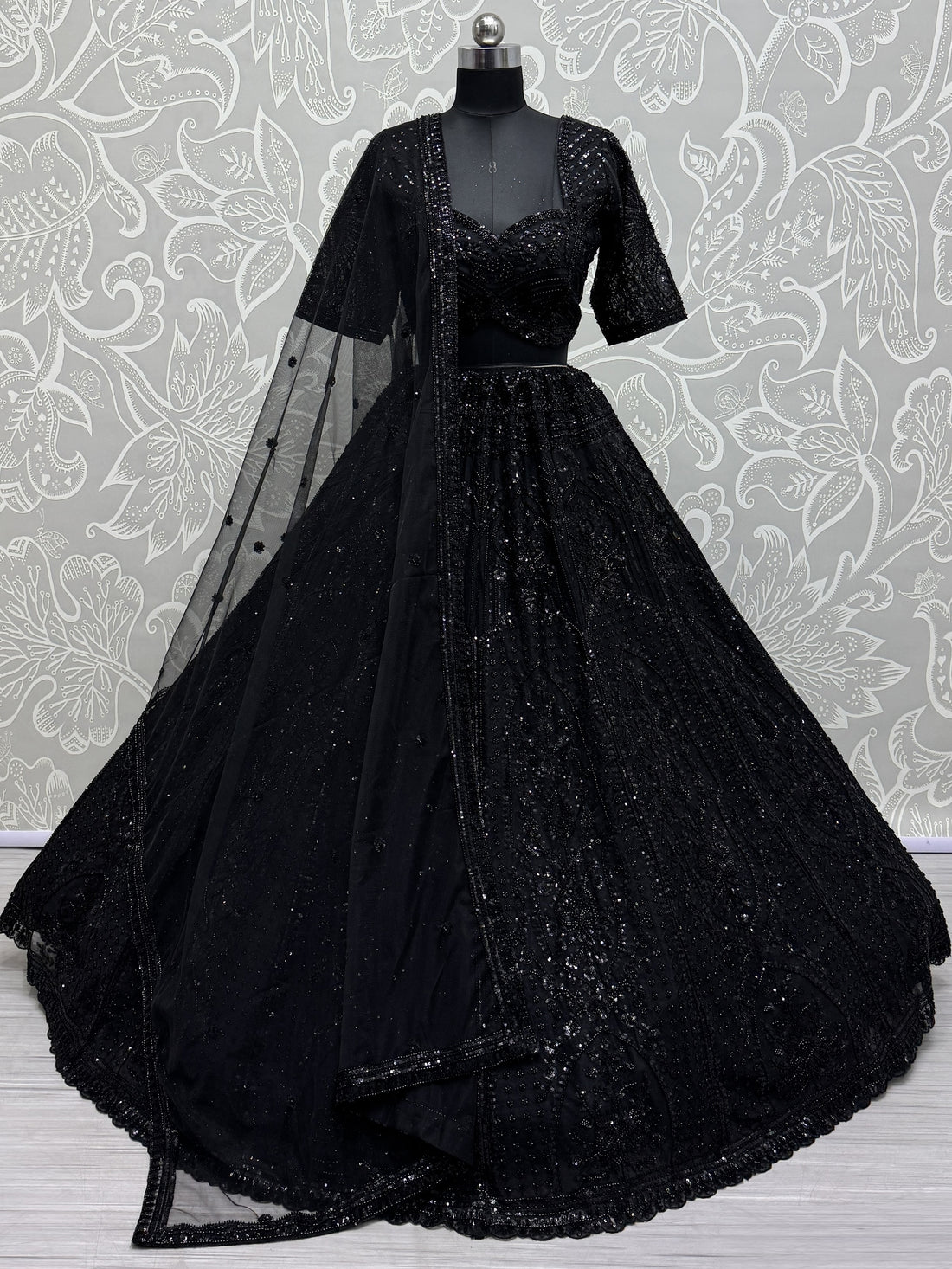 Alluring Black Pearl Work Net Reception Wear Lehenga Choli With Dupatta