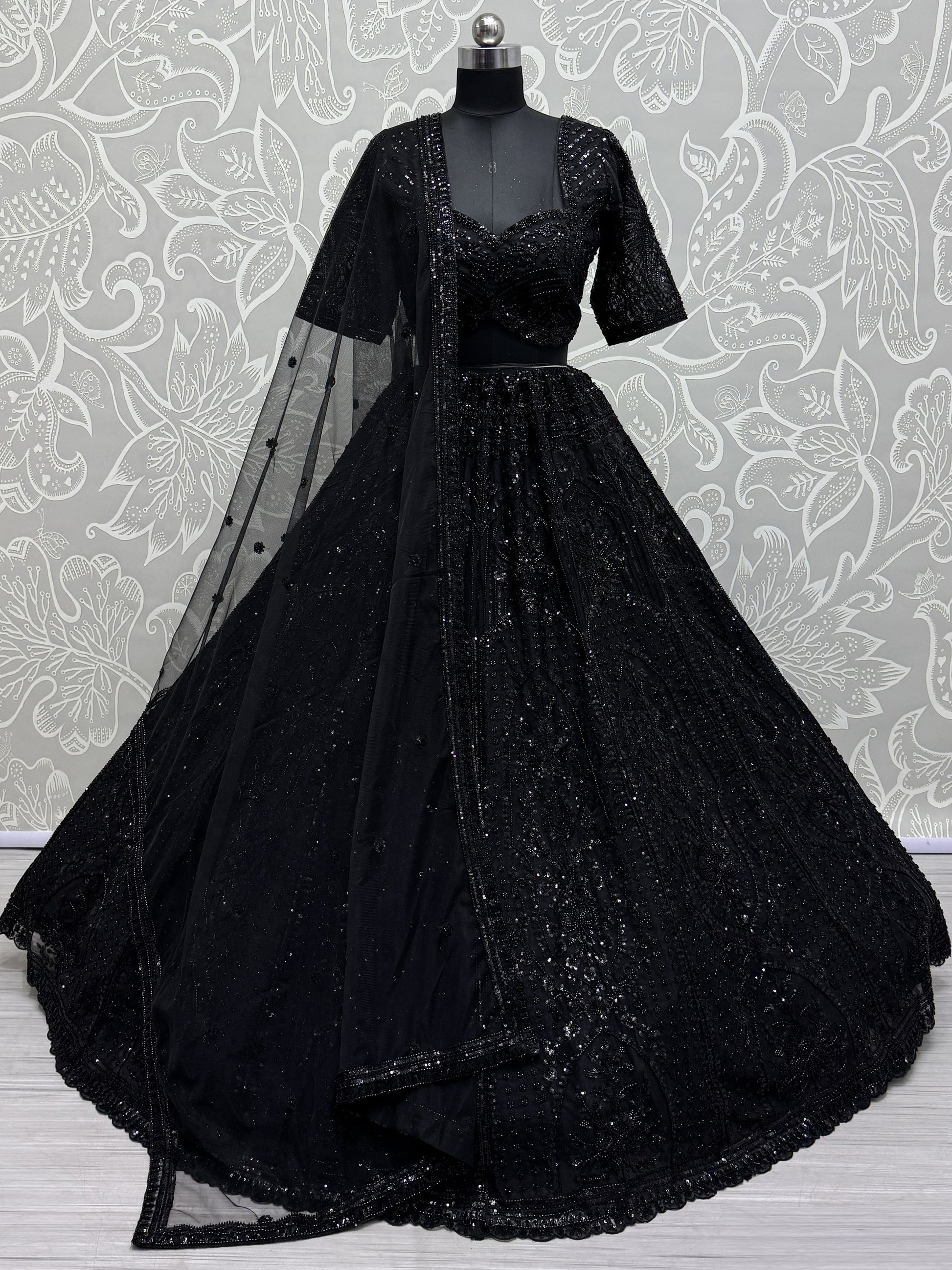 Alluring Black Pearl Work Net Reception Wear Lehenga Choli With Dupatta