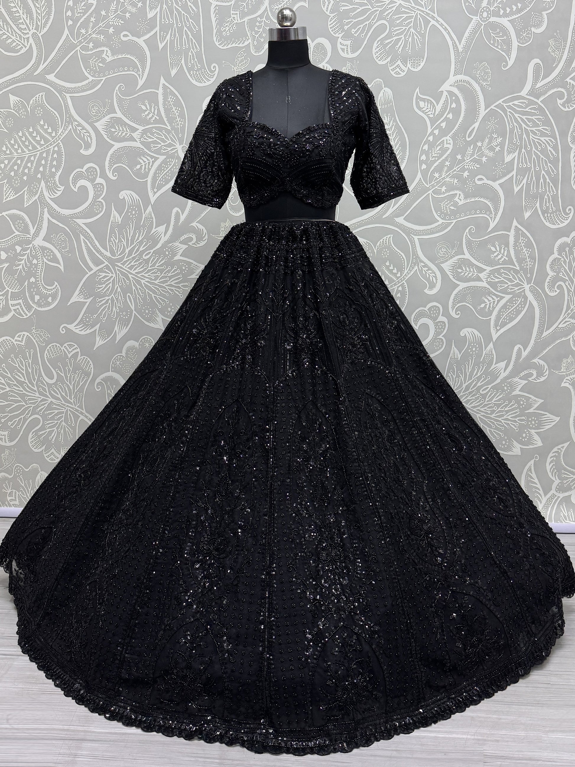 Alluring Black Pearl Work Net Reception Wear Lehenga Choli With Dupatta