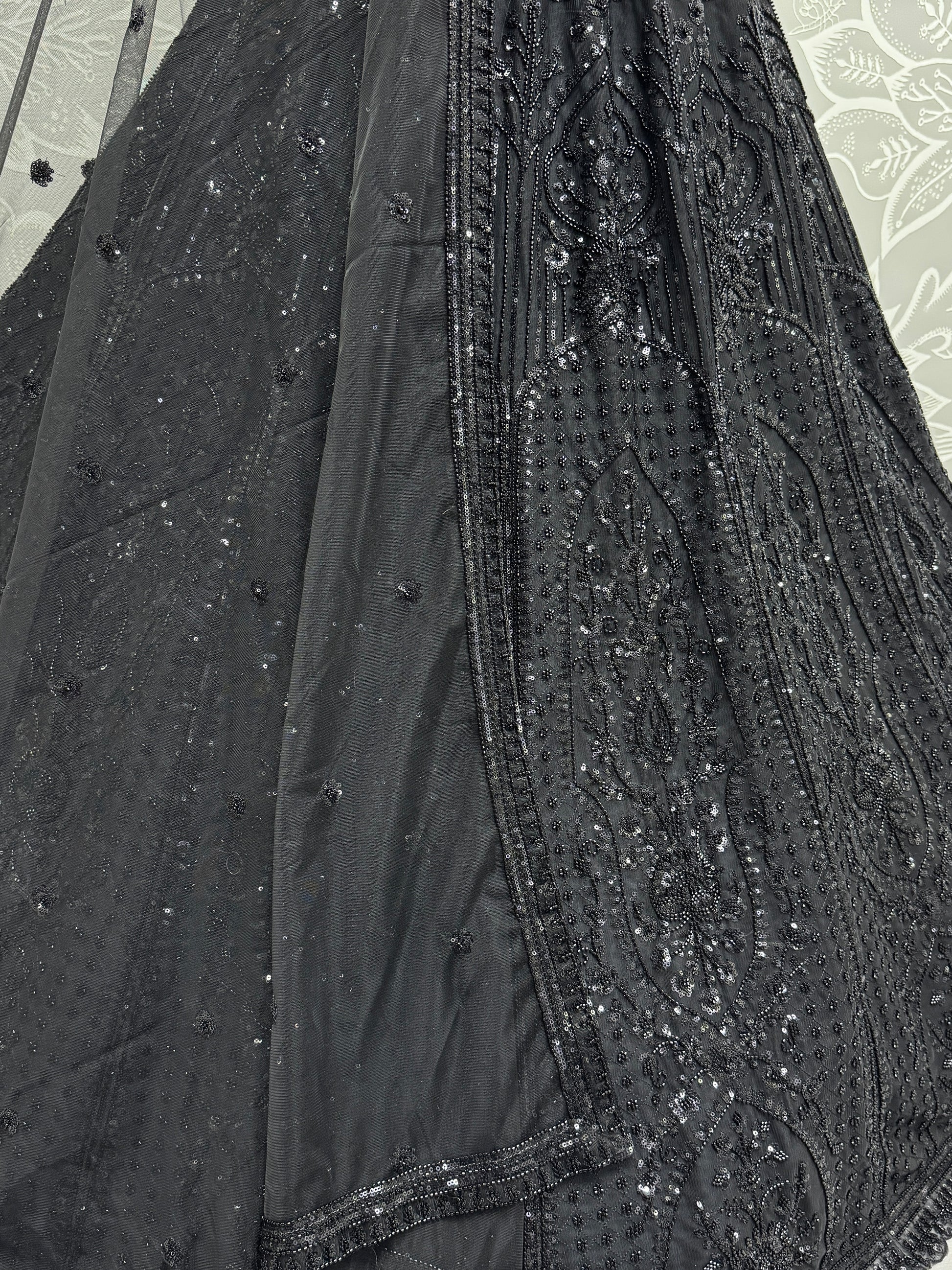 Alluring Black Pearl Work Net Reception Wear Lehenga Choli With Dupatta