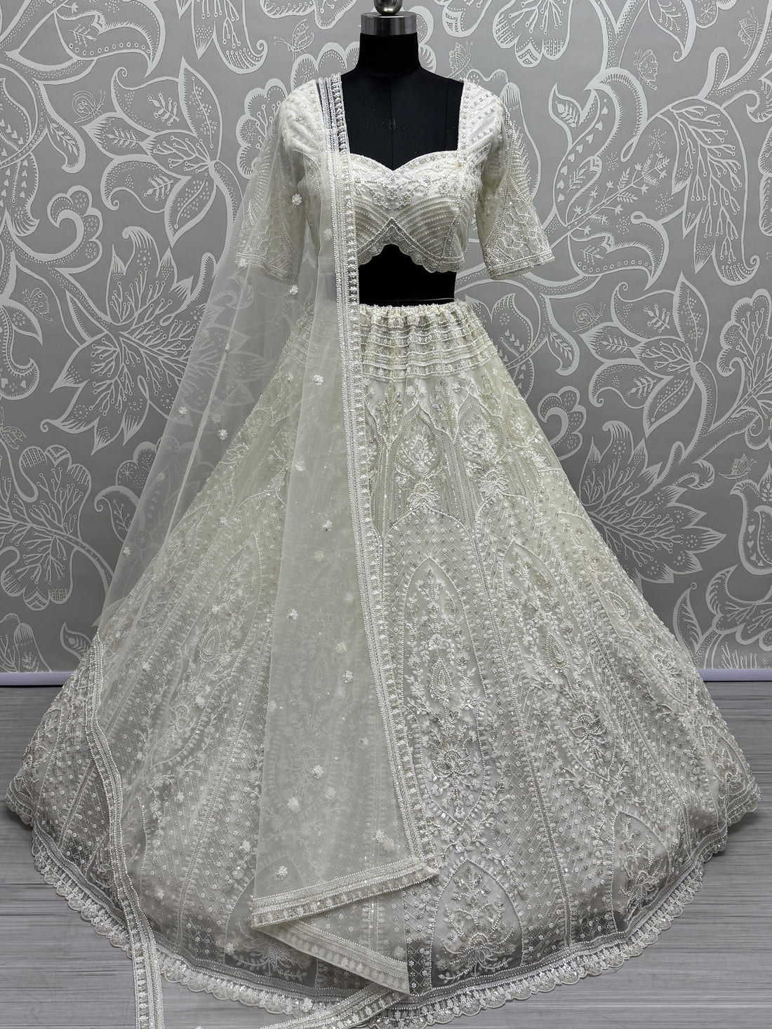 Beautiful White Thread Work Net Bridesmaid Lehenga Choli With Dupatta