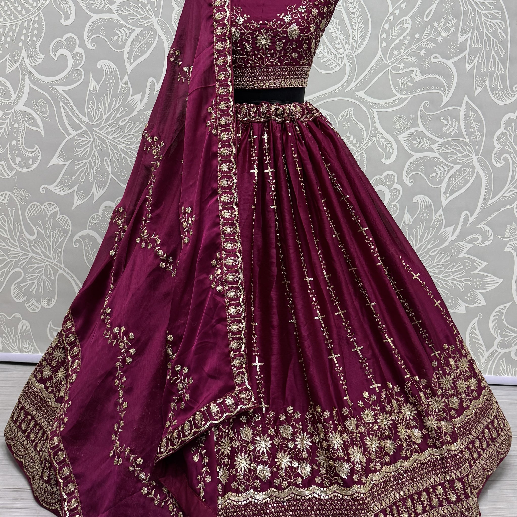 Astonishing Burgundy Thread Work Satin Bridal Lehenga Choli