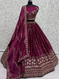 Astonishing Burgundy Thread Work Satin Bridal Lehenga Choli
