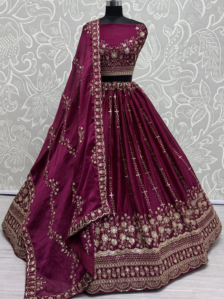 Astonishing Burgundy Thread Work Satin Bridal Lehenga Choli